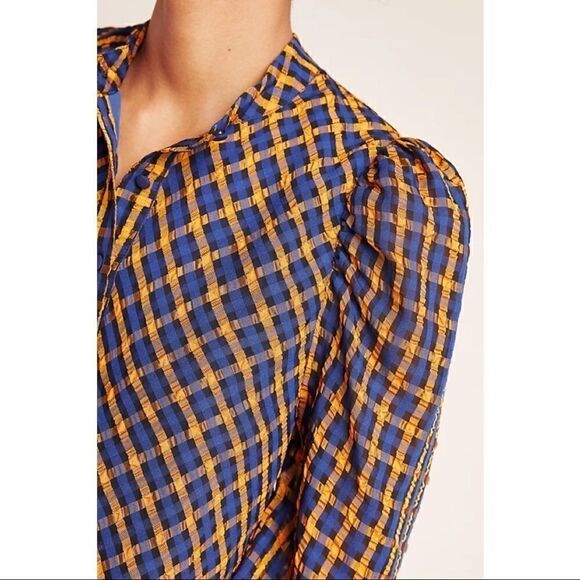 NEW Anthropologie Eva Franco Textured Plaid Puff-Sleeve Buttondown Blouse Size 0 - Picture 4 of 4